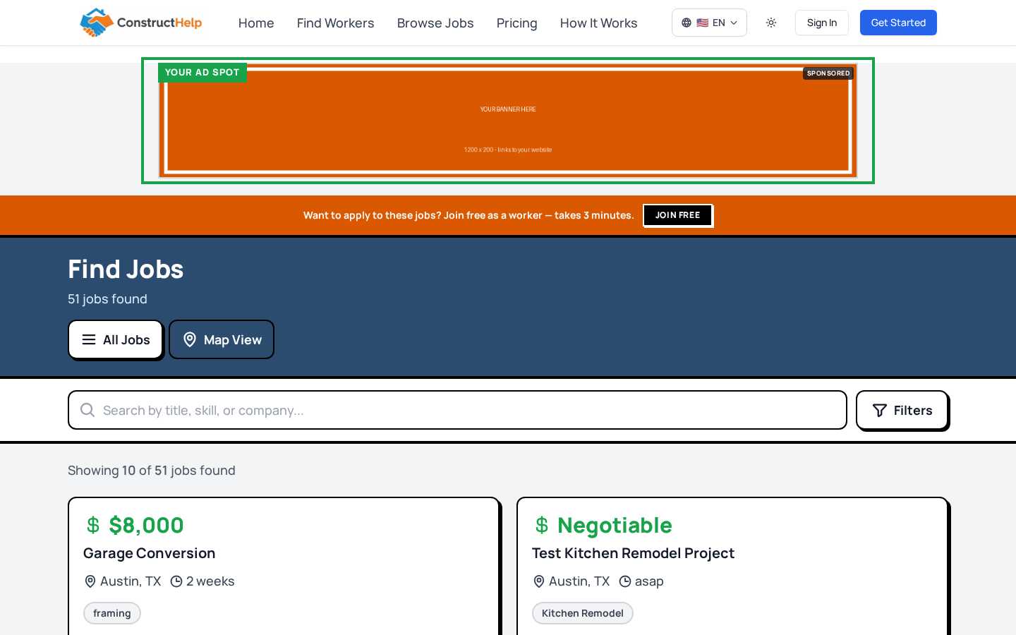 Screenshot of the Browse Jobs Page ad placement in context