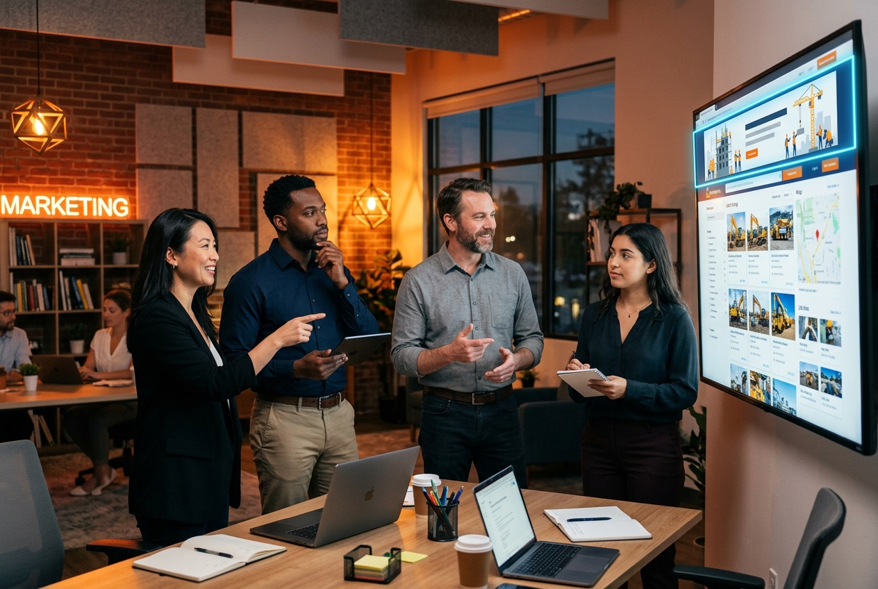 Marketing team reviewing an ad placement on ConstructHelp