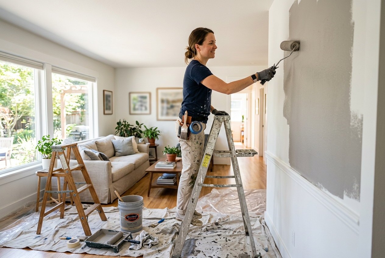 Painting pro working on a residential project